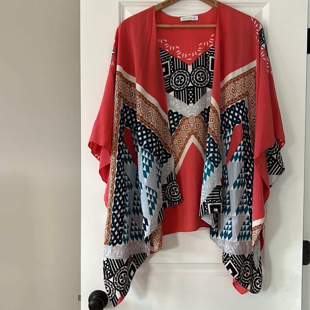 Matison Stone Silk Kimono, Open Front in Orange Teal Black Grey Rust